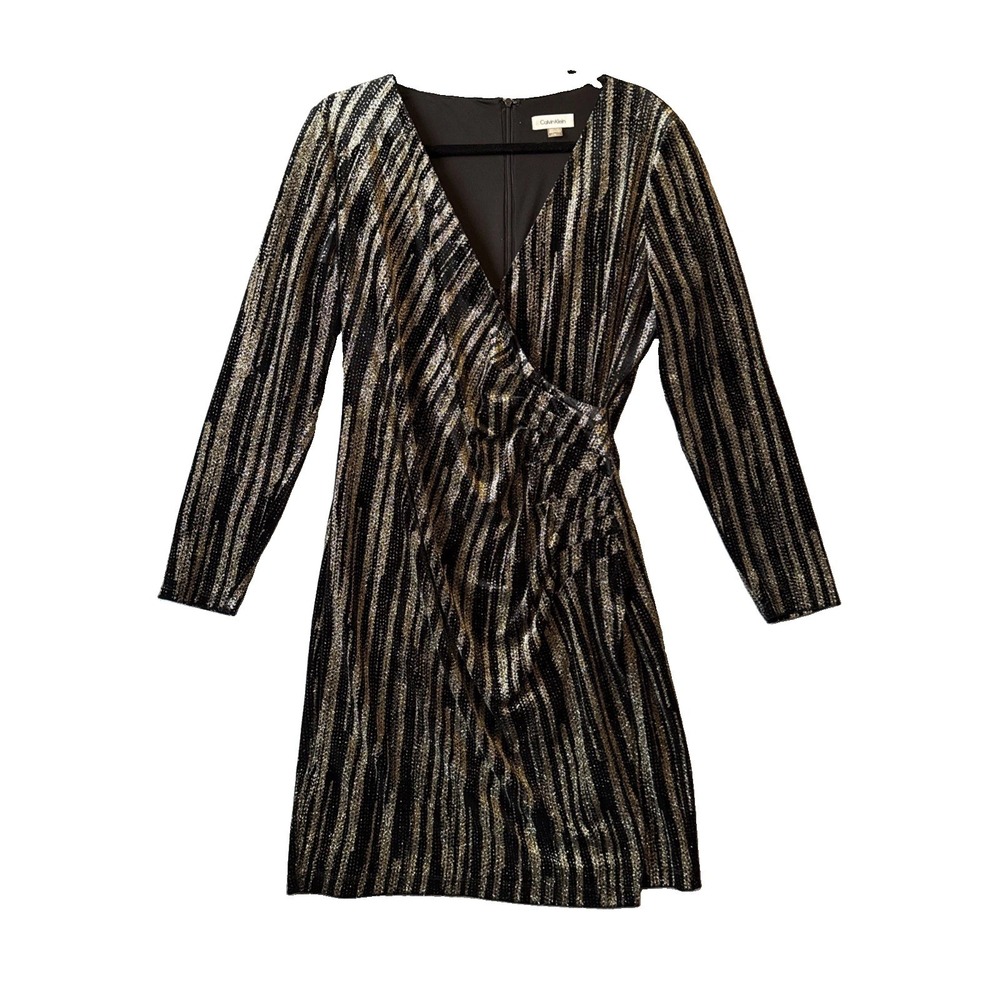 Calvin Klein Velvet Glitter Faux Wrap Dress 12 Black Gold Striped Metallic Party